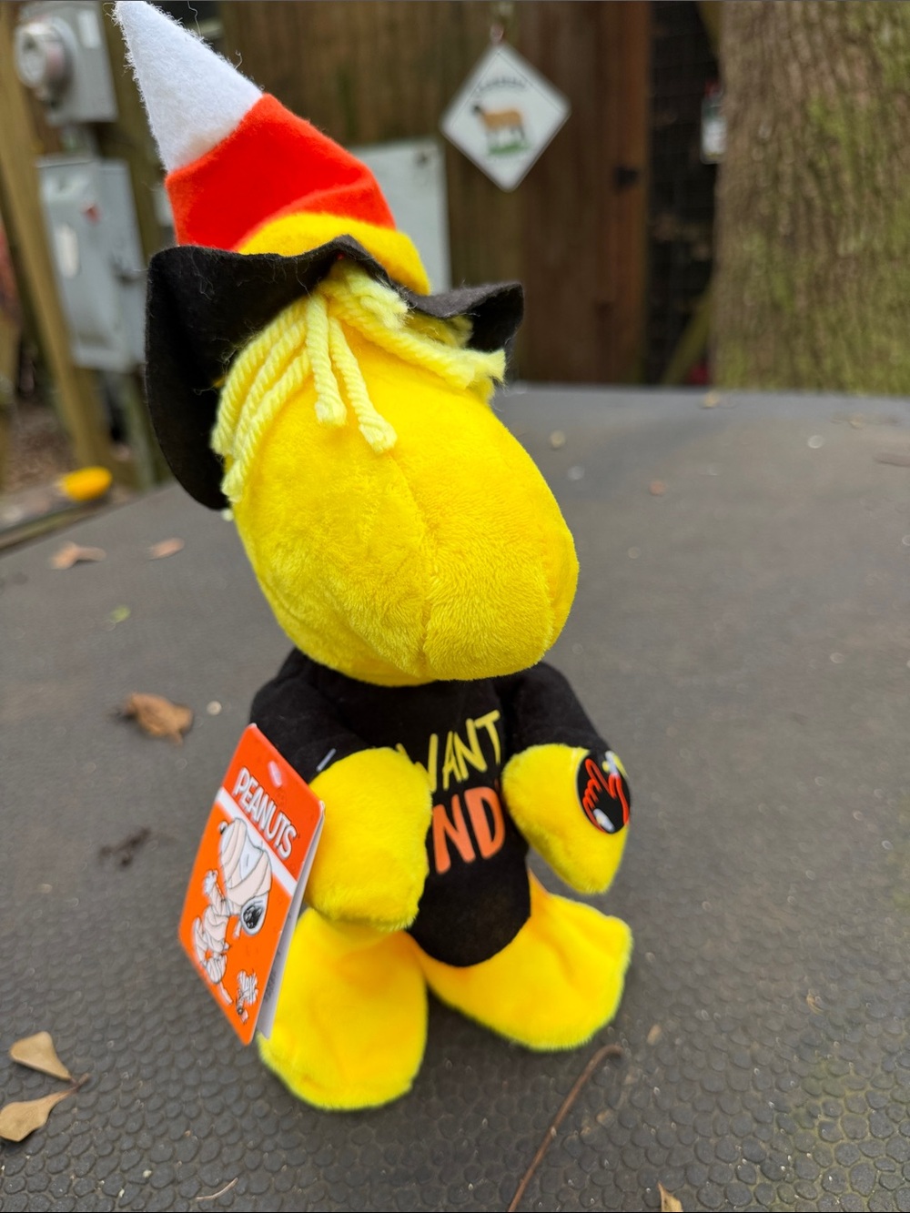Peanuts Woodstock Plush Dog Toy - Yellow & Black with Candy Corn Hat sings